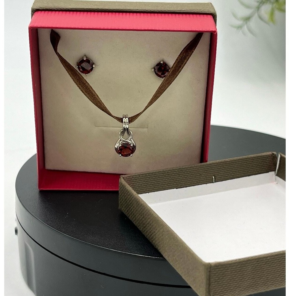 Angara Sterling Silver 925 Garnet Knot Pendant and Stud Earring Set July New